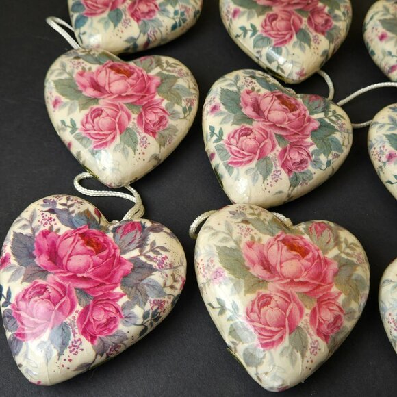 Set 12 Floral Heart Christmas Ornaments Pink Roses Vintage Style Romantic Decor - Picture 3 of 9